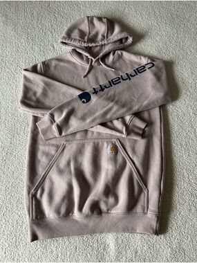 Carhartt Men's Dusty Taupe Pullover Hoodie with Navy Sleeve Logo